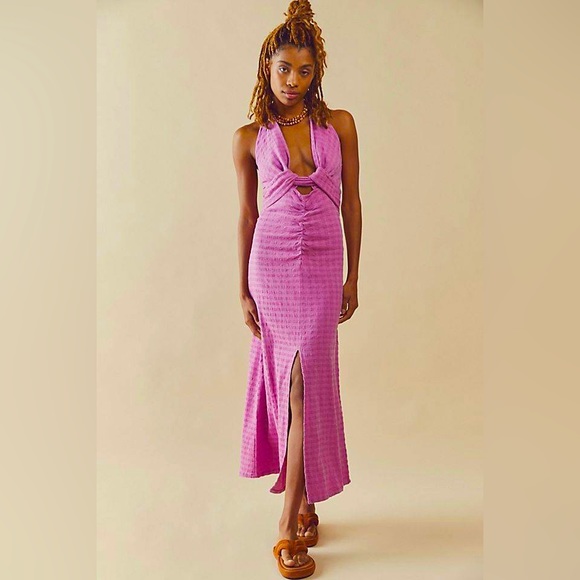 Free People Nya Maxi Dress Size Large Pink Boho Plunge Neck Cut Out Split - Picture 1 of 9